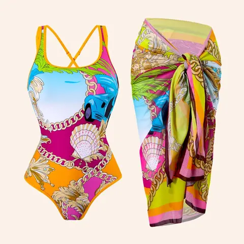 Women's All Over Print Criss Cross Swim Bodysuit & Knot Front Cover Up Skirt Set, Casual Fashion Adjustable Strap Swim Bodysuit & Cover Up Skirt Set, Ladies Summer Swimsuit, Swimwear Coverups