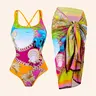 Women's All Over Print Criss Cross Swim Bodysuit & Knot Front Cover Up Skirt Set, Casual Fashion Adjustable Strap Swim Bodysuit & Cover Up Skirt Set, Ladies Summer Swimsuit, Swimwear Coverups