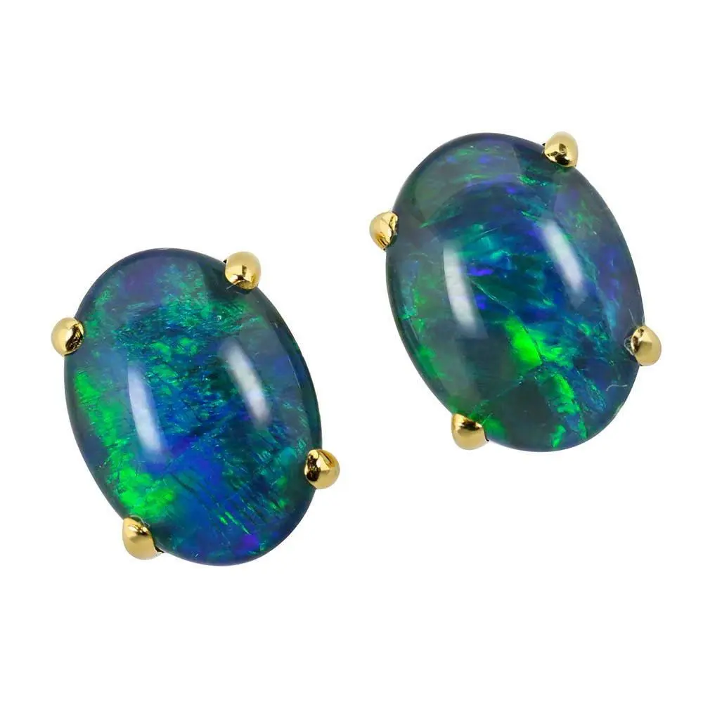 18KT Yellow Gold Plated Stud Earrings, OCEANS MEDITATION Design, Australian Opal with Opal Hues, Pt850 Purity Compatible (Carat Gold Jewelry Accessory)