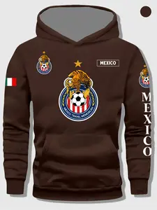 Mexican Flag Football Letter Print Hooded Fleece Sweatshirt Set, Men's Casual Fitted Sporty Long Sleeve Jacket with Hat, Fall Winter Fashion