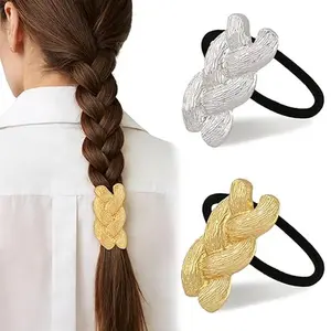 Metal Hair Ties for Braids, Elastic Pony Tails Hair Ties for Thick Thin Hair, Elegant Braided Pony Cuff, No Damage Ponytail Cuff Holders, Seamless Hair Accessories