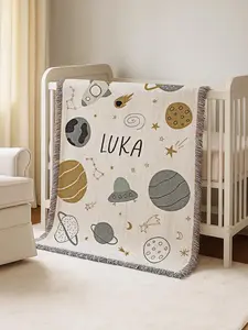 Space Explorer Blanket with Name: Cotton Woven Fringe or Fleece Blanket Rocket Baby Boy Nursery Planets Bedding Boys Solar System Cozy Gift