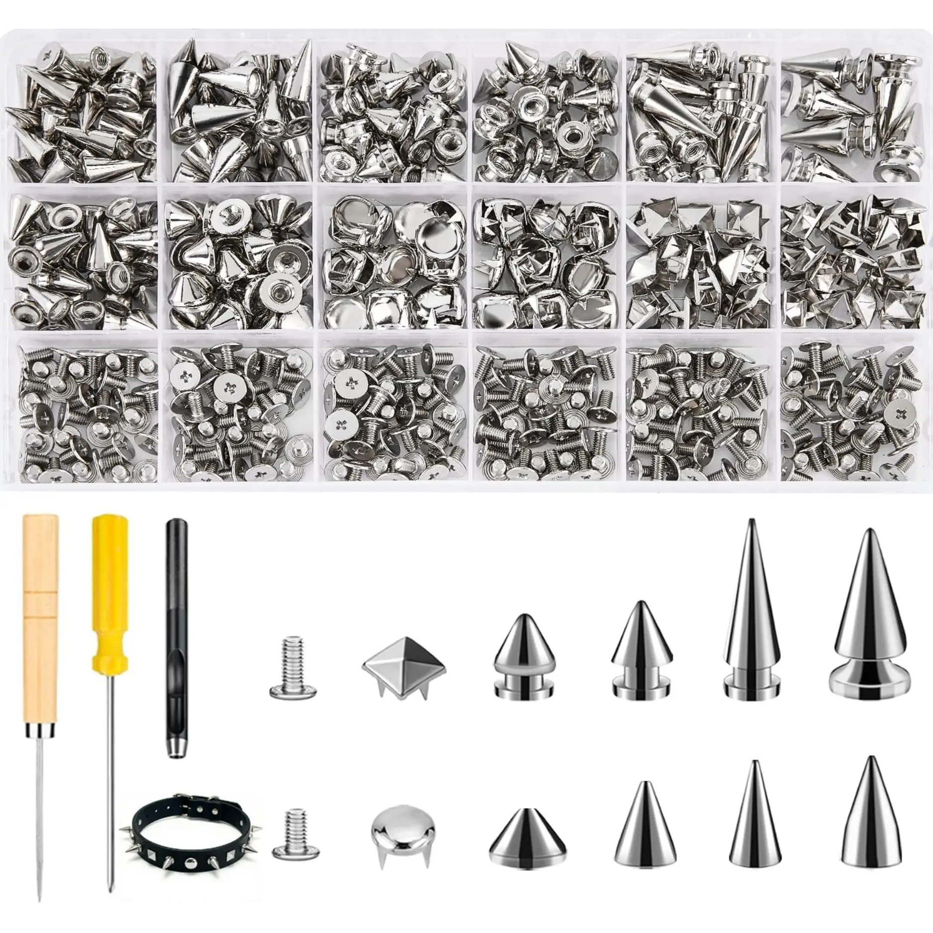 455PCS Metal Spikes and Studs Kit for Clothing, 12 Sizes Cone Spikes, Pyramid Studs & Dome Rivets for Leathercraft, DIY Crafts & Clothing Decoration