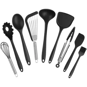 Black Cooking Utensil Set, 9 count kitchen Utensil Set, Nonstick Tools Spatula Set, Heat Resistant Spatula Ladle Spoon Pasta Server for Cooking (Dishwasher safe)