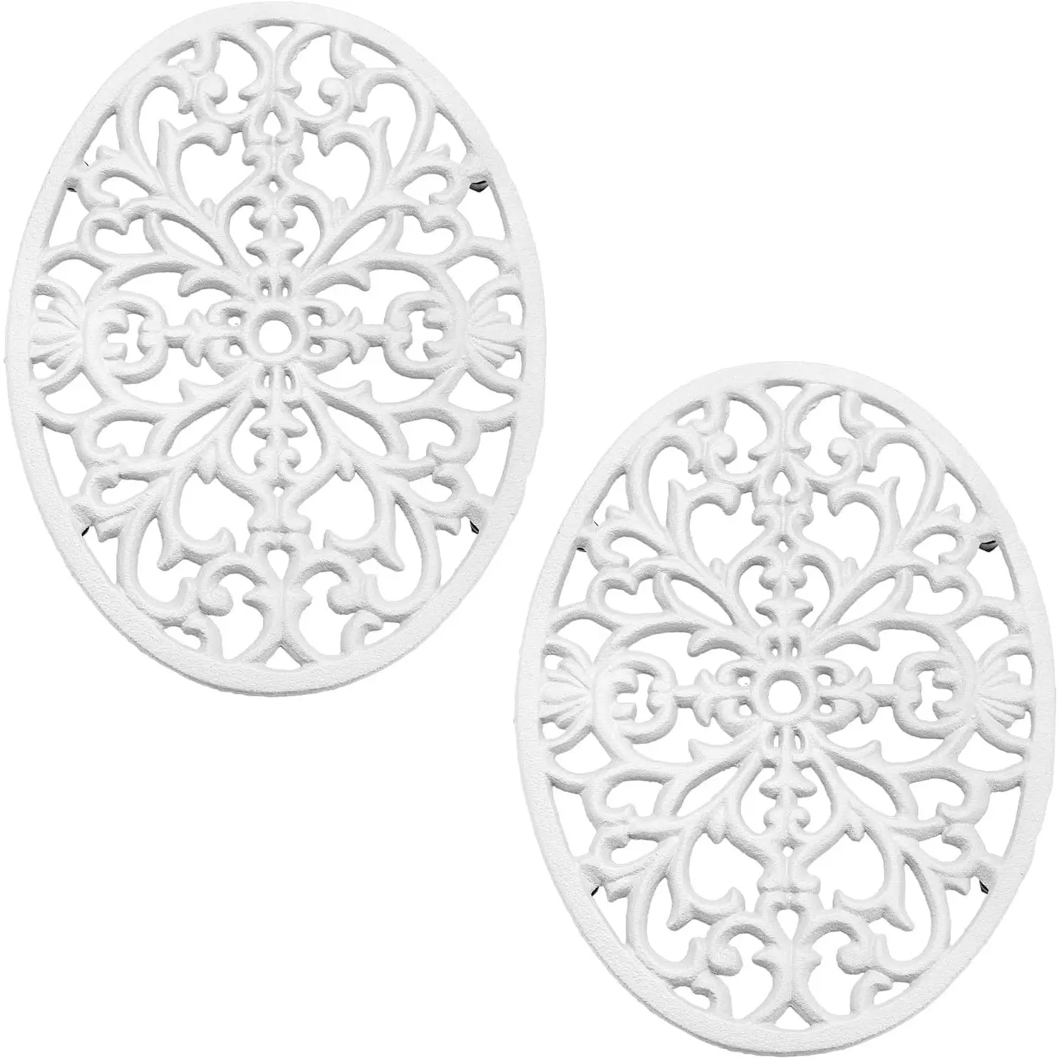 2 count Oval Cast Iron Trivet - Antique Heat Resistant Metal Trivet for Hot Dish Pot Pan Teapot,  Well Made Hot Plate Pad for Kitchen Dining Countertop Table,White