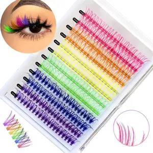 Fairy Color Eyelash Clusters Kit, 6 Colors Anime Single DIY False Eyelash Extensions, 14/16mm D Curl Colored Lash Clusters for Beginners, Red Purple Green Mixed Shades, No Glue Included