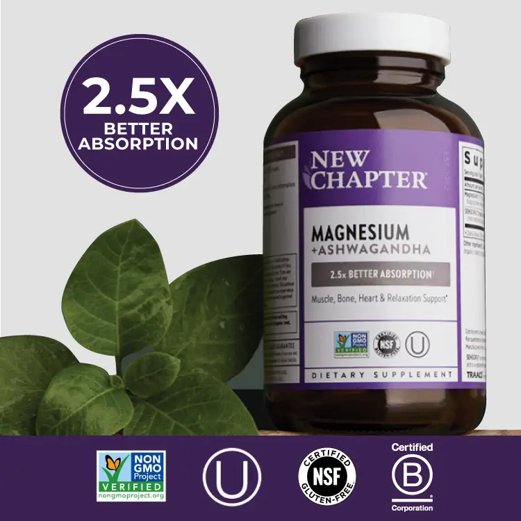 New Chapter Magnesium + Ashwagandha Supplement | 325 mg Magnesium Glycinate, 2.5x Absorption, Muscle Recovery, Heart, Bone Health & Relaxation
