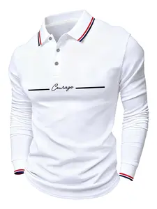 Men's Letter Print Athletic Buttoned Polo Shirt, Top, Loose Long Sleeve Front Button Design, Casual Fitted Fit, Breathable Fabric, Ideal for Daily Wear & Sports, Menswear