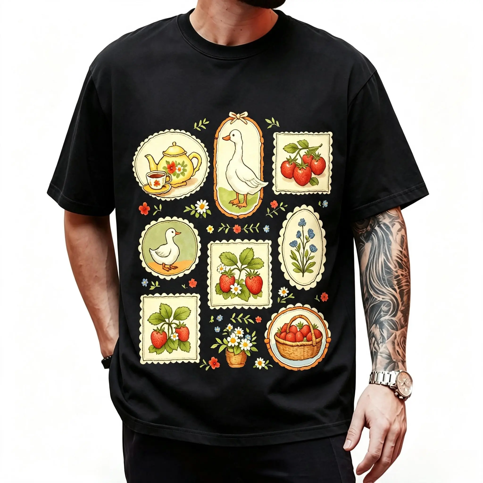 Cute Cottagecore Goose Strawberry Patchwork Aesthetic Grandmacore Heavyweight Boxy Fit T-Shirt Vintage Oversized Pure Cotton Graphic Tee Pastoral Farm Life