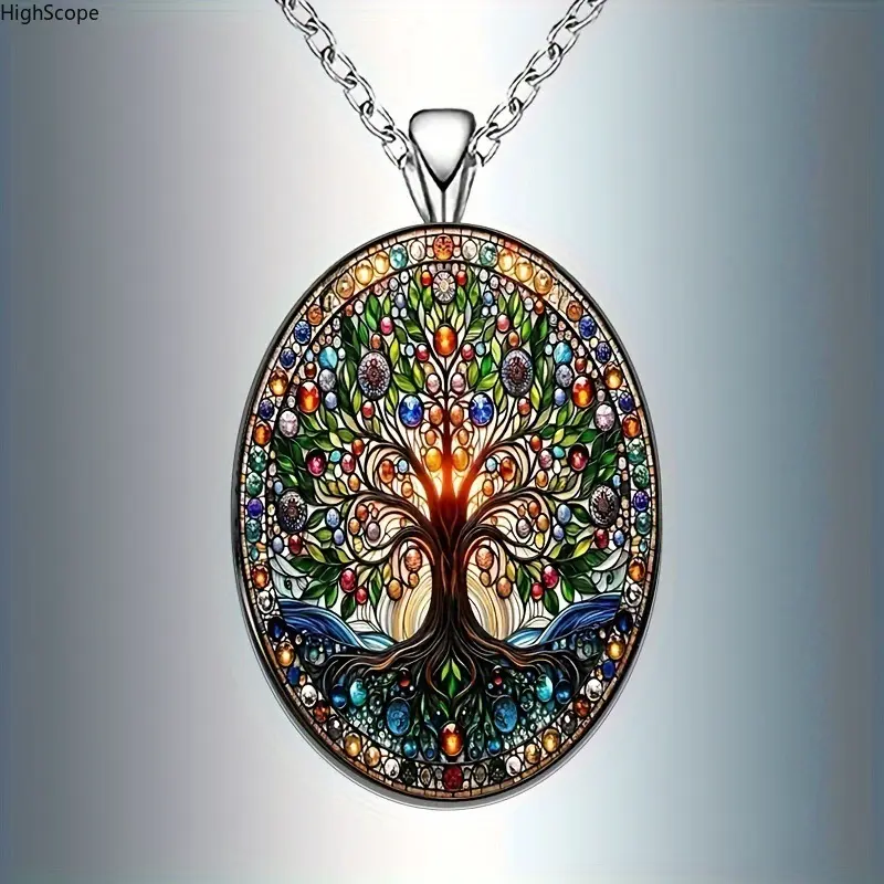 Tree of Life Oval Glass Pendant Necklace - Elegant Retro Romantic Women's Jewelry, Ideal Gift for Women, Complement to Sports & Outdoor Accessories