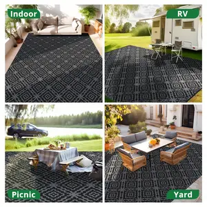 19 x 18 Reversible Outdoor Mats - Durable Plastic Straw Rug - Modern, Water-resistant & Fade-proof - Ideal for RV, Patio, Beach, Camping - Black & Beige, Stylish & Versatile