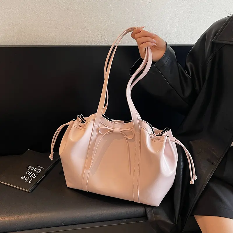 2026 Spring New Design Drawstring Shoulder Bag – Bow Detail Everyday Carry Tote, Plain, Durable, Adjustable Size, Magnetic Snap Trendy Commuting Bag Fashionable Unique Bags Crossbody Handbag