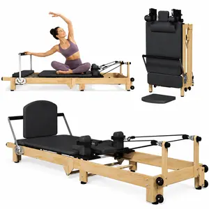 Bezliving 92" Foldable Pilates Reformer Machine, Wooden-Look Home Gym Equipment with Resistance Springs, Latex Resistance System, 90% Pre-Assembled Workout Bundle(Color)