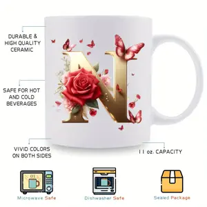 BPA-Free Eleven Ounce Ceramic Mug Featuring Alphabet and Floral Art Perfect for Celebrations and Daily Use