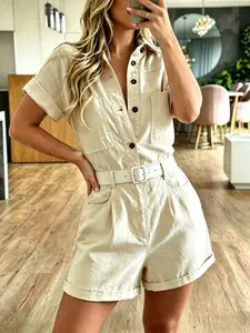 Women's New Casual Workwear Romper, Multi-Pocket Short Sleeve Shorts Dress, Comfortable and Stylish for Daily Wear