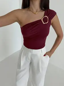 Women's New Chic Lightweight Sexy Off-Shoulder Top, Short Sleeve Summer Dress, Asymmetrical Design, Elegant Single Shoulder Top, Perfect for Vacation