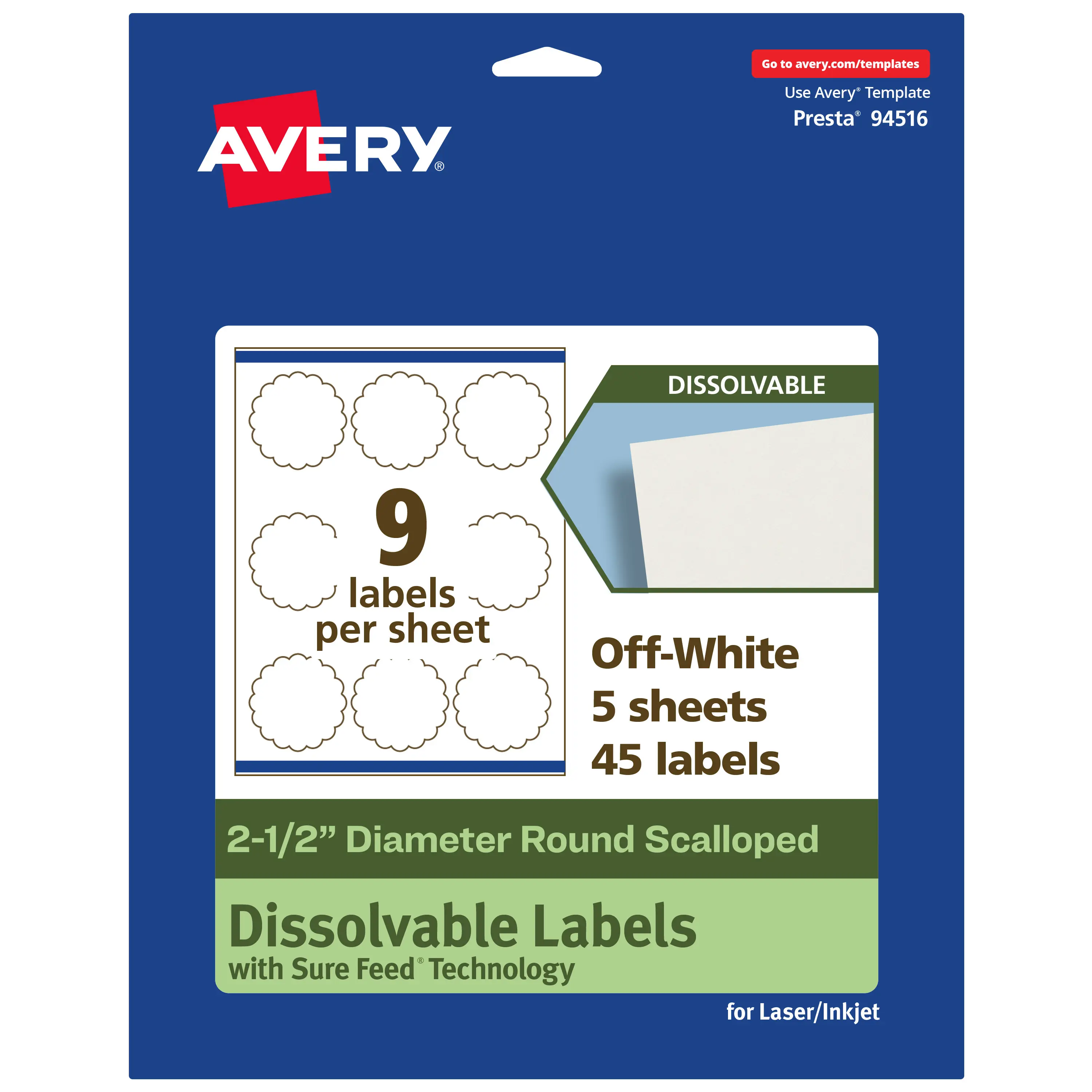 Avery Dissolvable Matte White Eco-Friendly Reusable Self-Adhesive Scalloped Edge Food Order Labels & Stickers, 2.5" Diameter Round Office Stationery, Dissolves Fast, Easy Cleanup, Home/Business, Laser/Inkjet