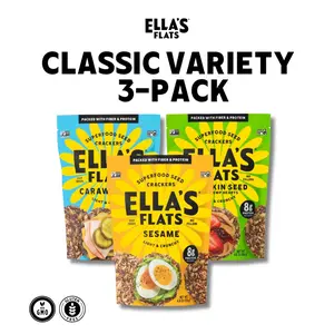 Ella's Flats Classic Variety 3-Pack Snack Natural | Sesame, Hemp & Caraway | All Seed Savory Crisps – All Natural, Gluten Free, Good Source of Protein, High Fiber, Vegan and Keto Friendly