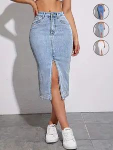 Women's Casual Basic Versatile Stretch Denim Midi Skirt with Front Slit，Slim Fit， Comfortable and Stylish Half-Length Skirt for Everyday Wear, Perfect for All Seasons