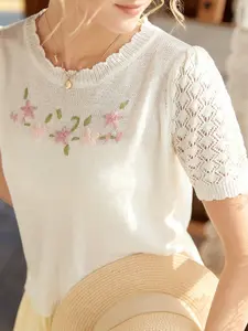 Elegant Women's Spring Summer Fashion Casual Knitted Round Neck Hollow Out Floral Embroidery Short Sleeve T-Shirt Pullover Top