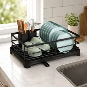 Matte Black Kitchen Dish Drying Rack – Rust-Proof Stainless Steel Countertop & Wall-Mount Drainer with Leak-Proof Drain Board, Removable Cutlery Holder, Space-Saving Organizer for Home & Apartment, Easy Clean & Hygienic,  dish drying racks
