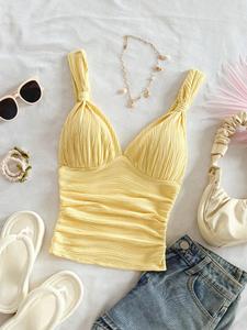 women's solid color ruched crop top, elegant minimalist casual sleeveless top for daily wear, ladies casual fit sleeveless clothes for all seasons, womenswear, elegant classy tops