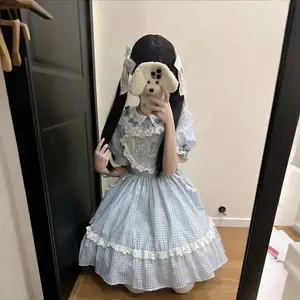Kawaii Cute Sweet Dress Women Japanese Casual Pink Plaid Loose Bow Lovely Dresses Female Patchwork Lace O-neck Dresses Clothes