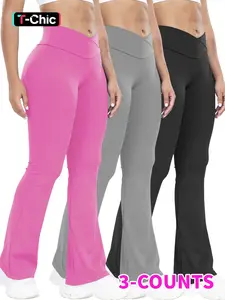 Women's High Waist Yoga Pants Set, Cross Design Control Belly, Wide Leg Casual Fitness Trousers, Athleisure Style Sports Bottoms, High Waisted Sportswear, Comfortable All Season Wear, Casual Sport Trousers, Flared Yoga Bottoms