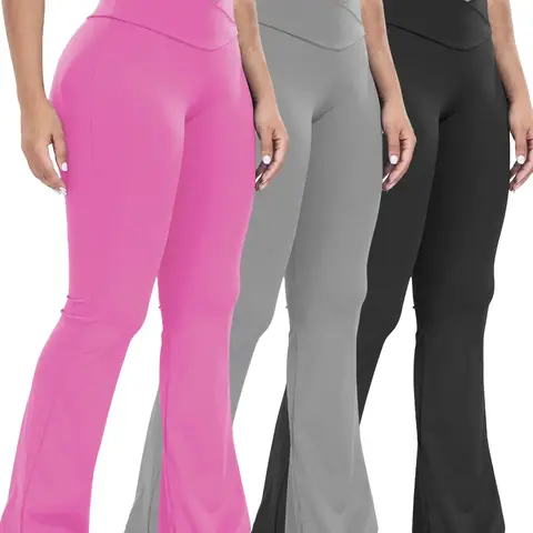 Women's High Waist Yoga Pants Set, Cross Design Control Belly, Wide Leg Casual Fitness Trousers, Athleisure Style Sports Bottoms, High Waisted Sportswear, Comfortable All Season Wear, Casual Sport Trousers, Flared Yoga Bottoms