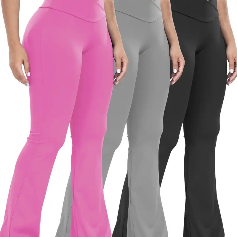 Women's High Waist Yoga Pants Set, Cross Design Control Belly, Wide Leg Casual Fitness Trousers, Athleisure Style Sports Bottoms, High Waisted Sportswear, Comfortable All Season Wear, Casual Sport Trousers, Flared Yoga Bottoms