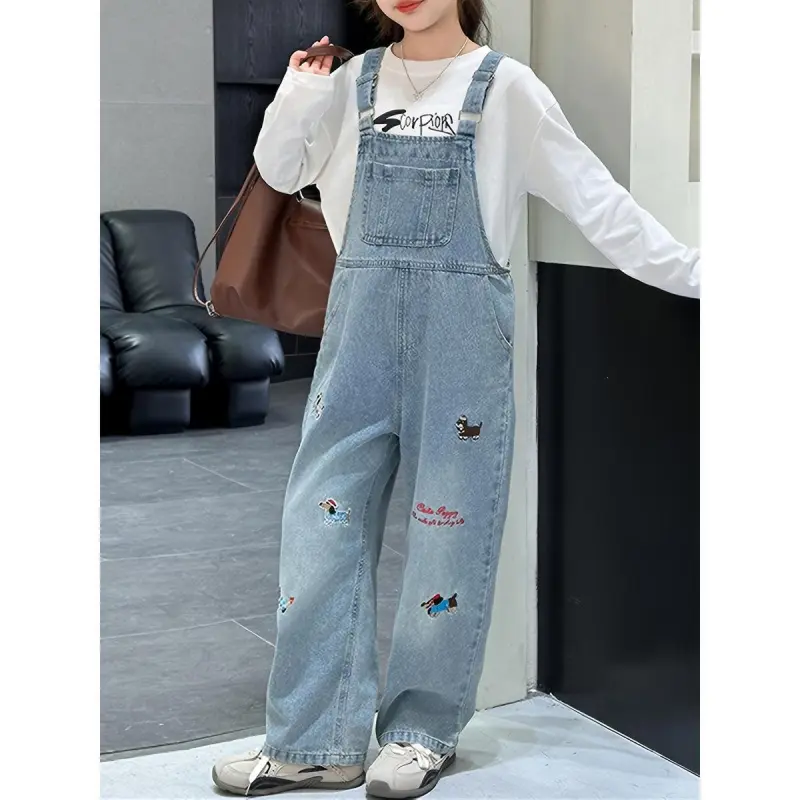 (New) Girls' Playful Denim Overalls - Polyester-Linen Blend, Dog Embroidery, Adjustable Straps, Loose-Fitting Straight Cut Pants, Casual Outdoors Clothes for Students (Spring,Summer,Autumn), Casual Loose, Student Wear