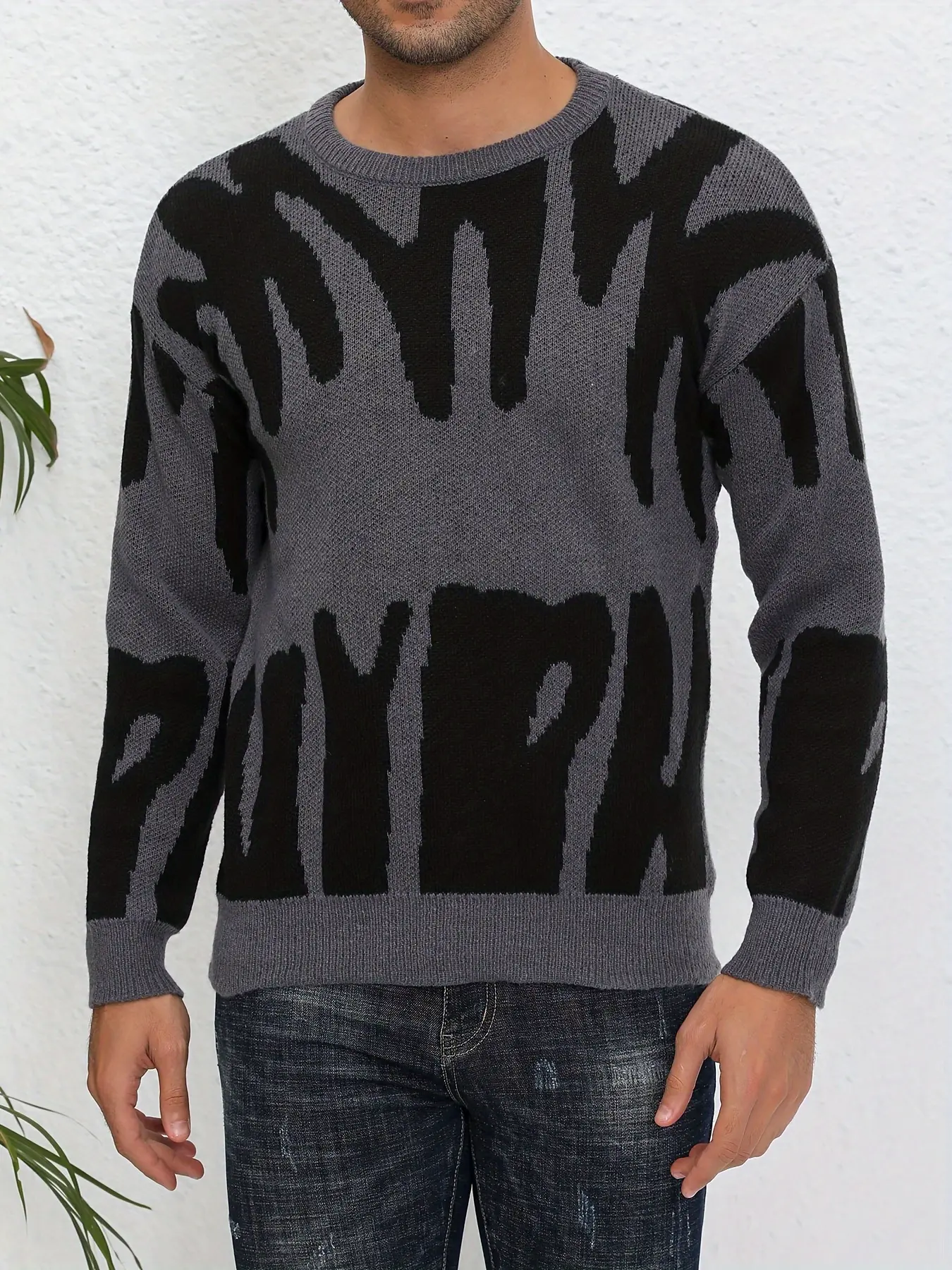 American-style irregular color-block jacquard crewneck pullover sweater, street casual and versatile, unisex knit top