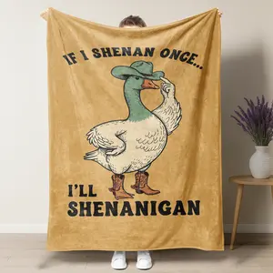 Funny Cowboy Goose Blanket - "If I Shenan Once I'll Shenanigan" Soft Cozy Fleece Throw - Hilarious Duck with Cowboy Hat & Boots Design - Western Country Home Decor - Humor Gift for Friends ﻿
