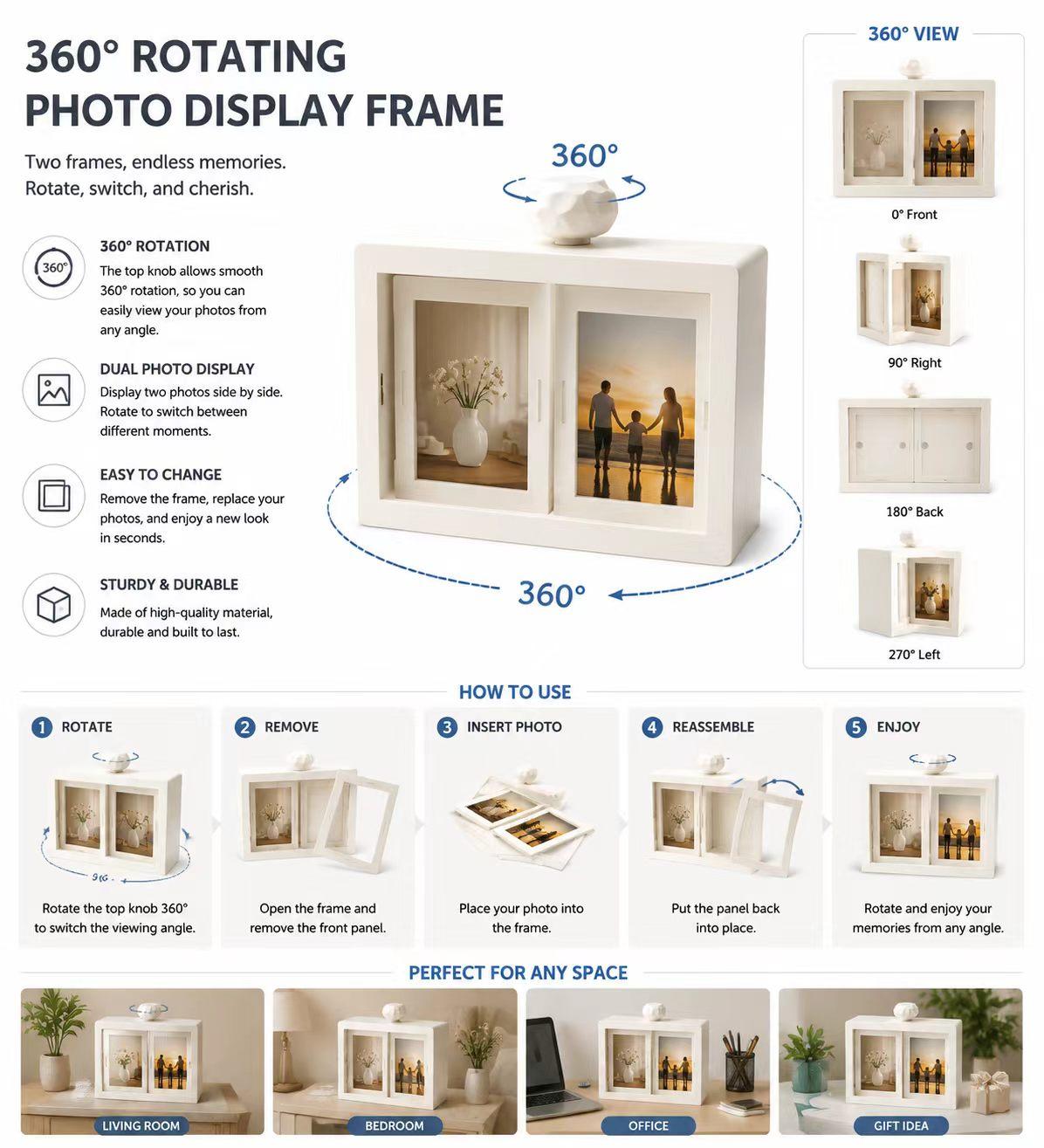 Flip Photo Frame for Desk | Mini Polaroid Album That Rotates to Display 12-24 Photos!