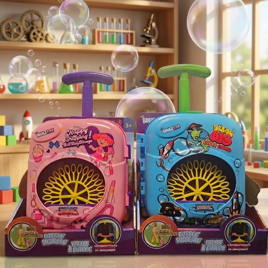 2-in-1 Portable Bubble Suitcase Toy - Automatic Bubble Maker, Storage Case (Pink or Blue)