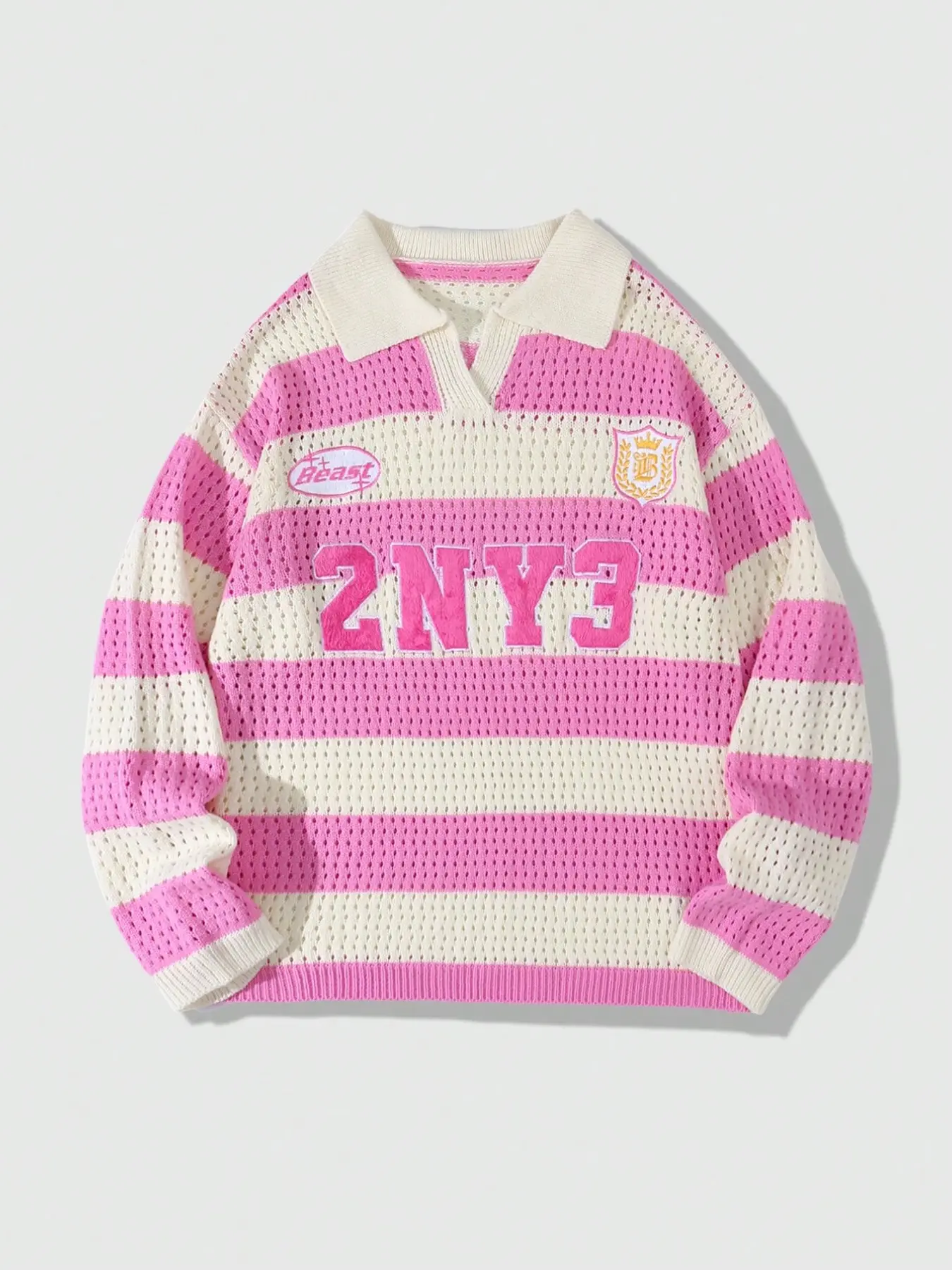 Men's Y2K Fashion Stripe Collared Casual Knit Sweater, Striped Print Knit, Letter Striped Knitwear, Long Sleeve Drop Shoulder Design, Loose Fit Daily Wear, Perfect for Streetwear & Outdoor Activities, Knitwear Menswear