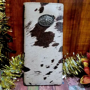 Longhorn concho Western Genuine Leather cowhide cowhair Wallet  Bi-Fold 7 Inches Long with Credit Card Slots, Cash  Compartments & Back Pocket brown and beige Exquisite Cardholder