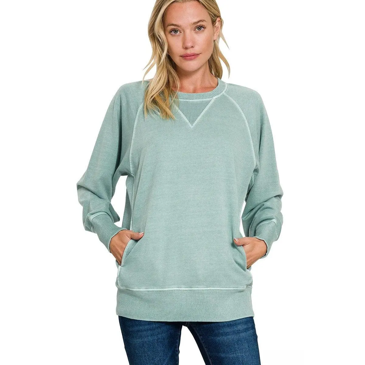 Zenana Pigment Dyed French Terry Pullover with Pockets - Ash Blue