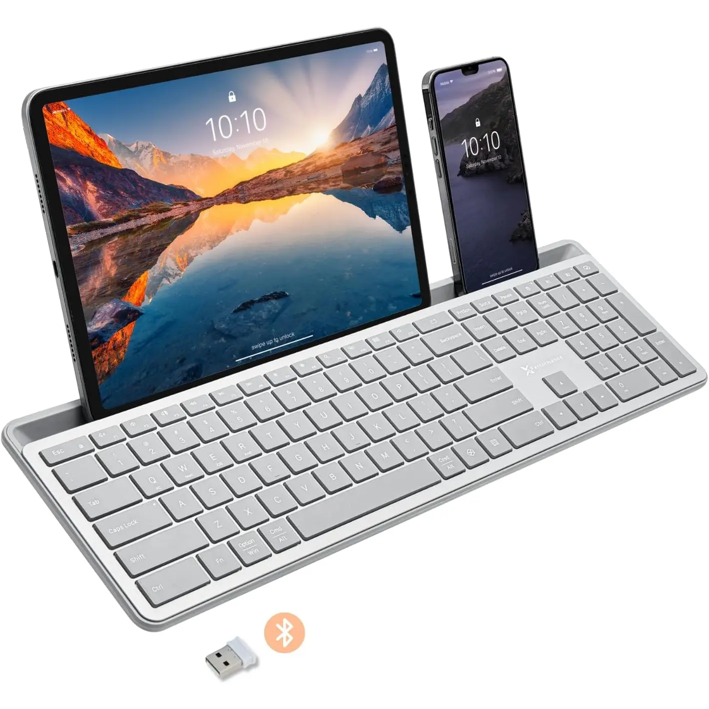 X9 Full-Size Bluetooth Keyboard with Phone Holder – Backlit Keyboard, Switch Multi-Device, Slim, Quiet,, w/Copilot AI for PC, Mac, iOS & Android (Silver)