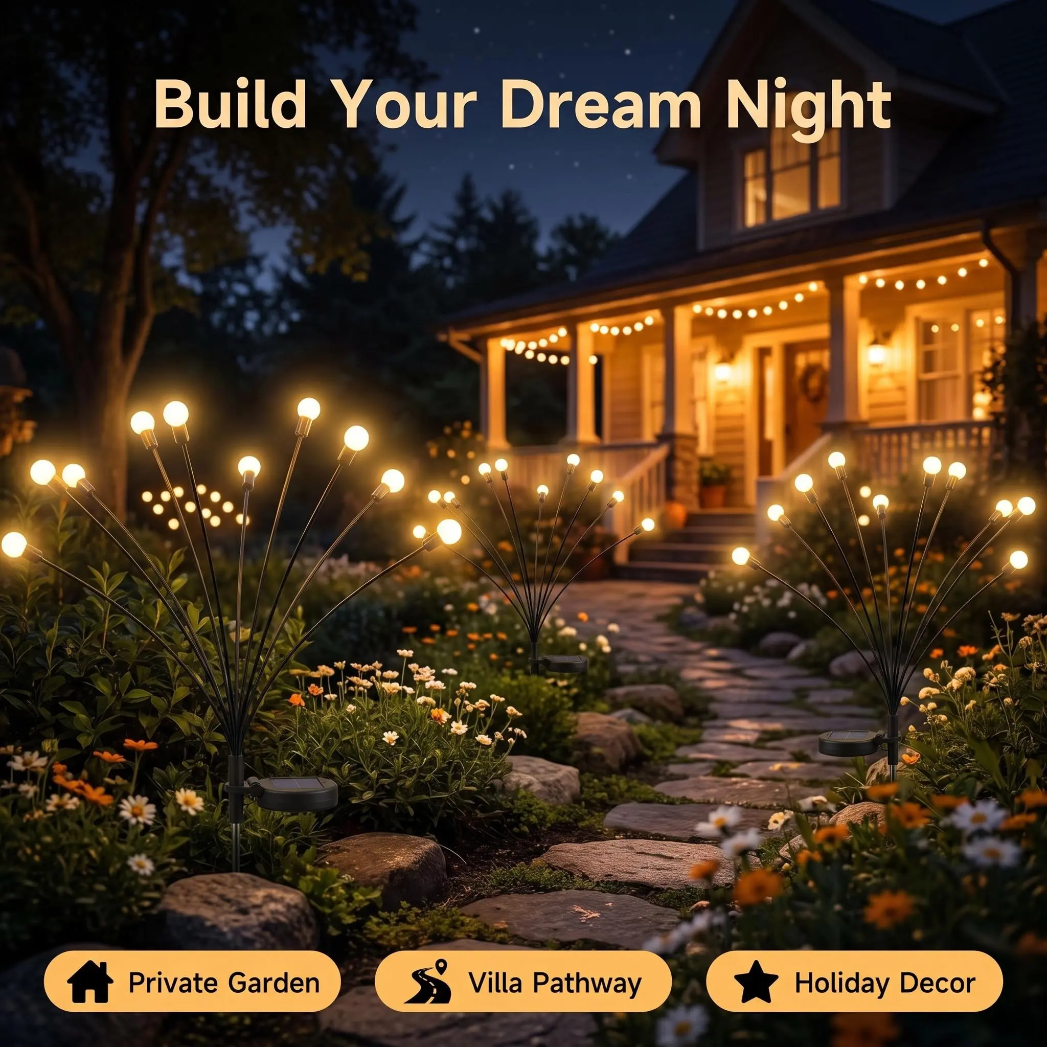 Wind-Swaying Solar Firefly Lights, 10-LED Warm Ambient Solar Garden Stake Lights, Flexible, Bendable, Waterproof Outdoor Landscape Lights for Pathway and Backyard Decoration