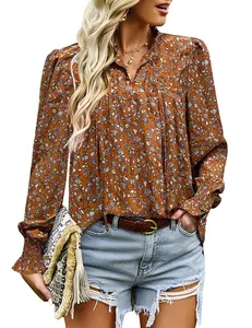 Women's Long Sleeve Tops 2025 Fall New Arrivals Boho Floral Printed Blouses Casual V Neck Pleated Drawstring Shirts Fashion dealsforyoudays Outdoorfun