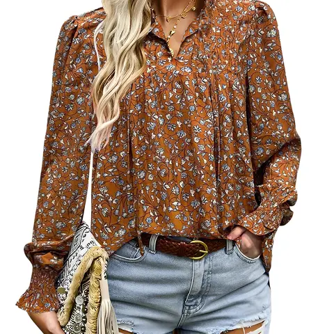 Women's Long Sleeve Tops New Arrivals Boho Floral Printed Blouses Casual V Neck Pleated Drawstring Shirts Fashion dealsforyoudays Outdoorfun Womenswear Vneck 2026 spring Loose Dressy Flowy