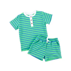 Green & Blue Stripe Terry Henley Short Set - Cute & Soft 2Pc Outfit for Boys