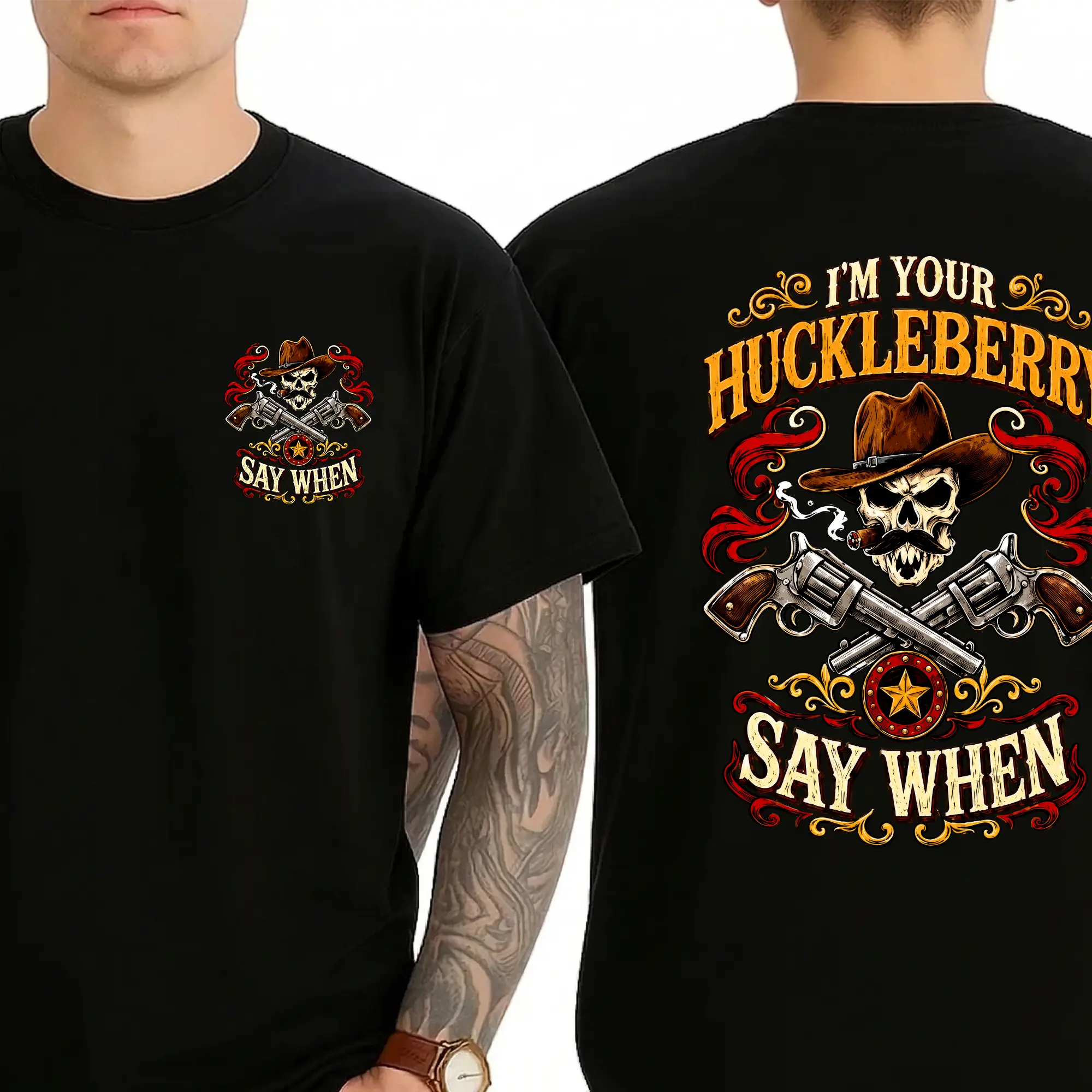 Doc Holliday Tombstone I'm Your Huckleberry - Distressed Cowboy Gunfighter T-Shirt, Western Movie Quote Double-Sided Print – Front & Back Graphic