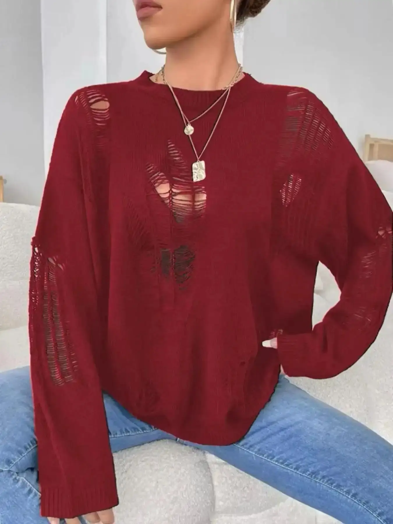 Women's Basic Minimalist Solid Color Ripped Drop Shoulder Sweater, Lady Soft Casual Comfort Lightweight Long Sleeve Round Neck Jumper for Fall, Knitwear Daily Wear, Womenswear Knitting Tops, Fashion cozy fit modern chic