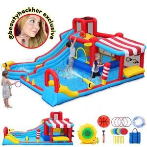 AKEYDIY 18-in-1 Inflatable Bounce House, , Includes Air Blower, Wet & Dry Water Slide Play Park with Jumping Area, Climbing Wall, Water Guns, Boxing Bag & Ring Toss Games, Outdoor Backyard Play Center for Kids Birthday Party Gift