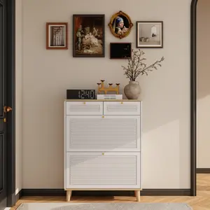 Shoe cabinet with 2 flip-up doors and 2 drawers,narrow shoe rack cabinet,freestanding shoe organizer,shoe organizer for entryway,with natural wood legs(white natural) Plastic Installation