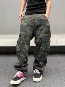 Men's Camo Print Wide Leg Cargo Jeans, Loose Streetwear Street Fashion Casual Comfy Multi-pocket Denim Trousers for Daily Wear, Men's Denim Pants Camouflage for All Seasons