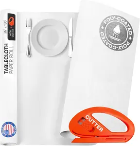 IDL Packaging White Tablecloth Paper Roll 36" x 1800" (150 feet, 450 sq.ft) with Cutter - USA-Made Natural Poly-Coated Paper Table Runner - 100% Recycled Disposable Kraft Material for Table Covering