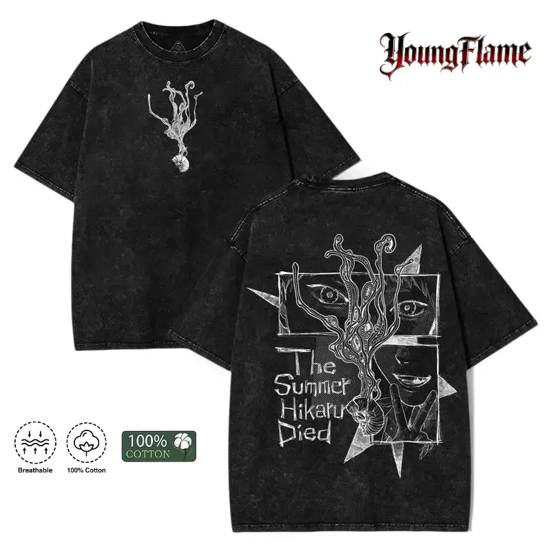 The Summer Hikaru Died Anime T Shirt Vintage Washed Tee Horror Graphic Oversized Y2K Streetwear Cotton Unisex Anime Shirt Gift merch clothes outfit outdoorfun short-sleeved t-shirt men t-shirt gift cottontees Casual Menswear Breathable Fashion Tshirt